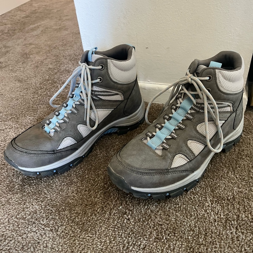 Gray and Blue Athletic Shoes with Durable Sole and Ankle Support